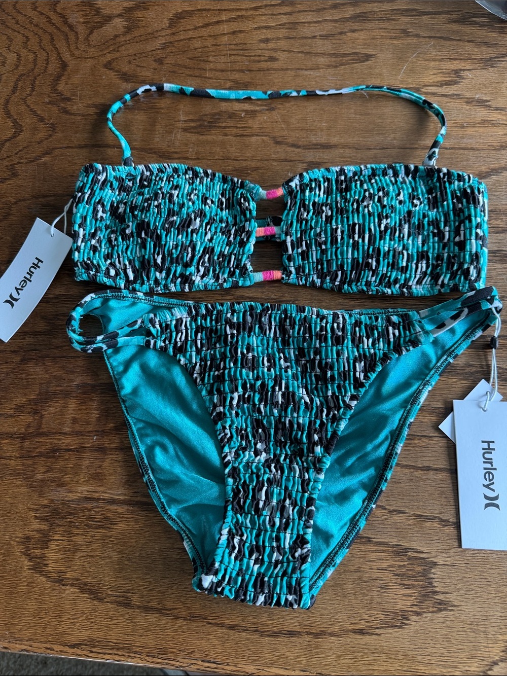 Hurley Emerald Black White Smocked Bandeau Bikini